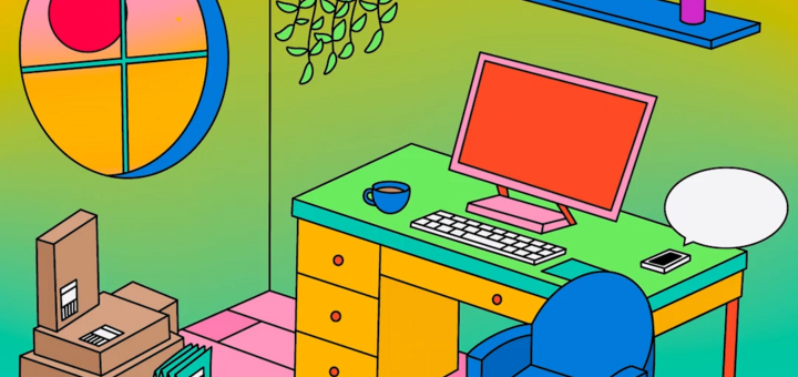 Colourful room, desk with desktop PC