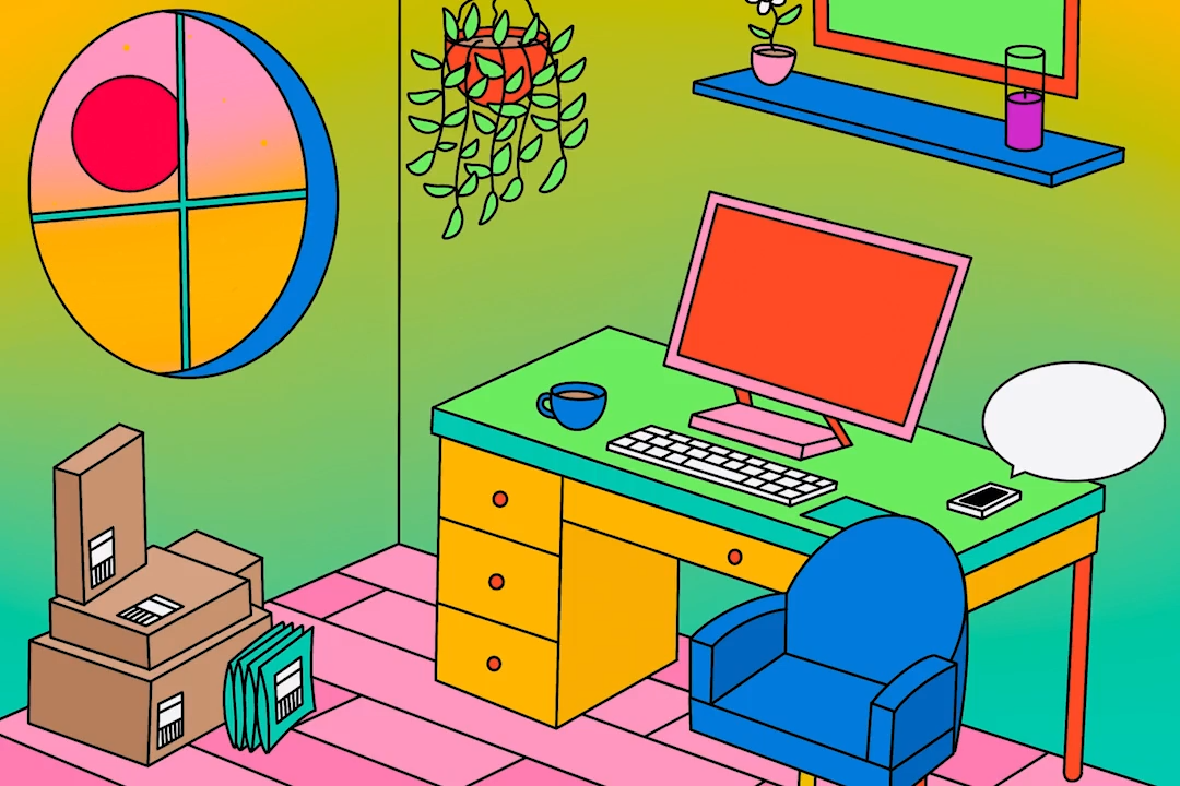 Colourful room, desk with desktop PC
