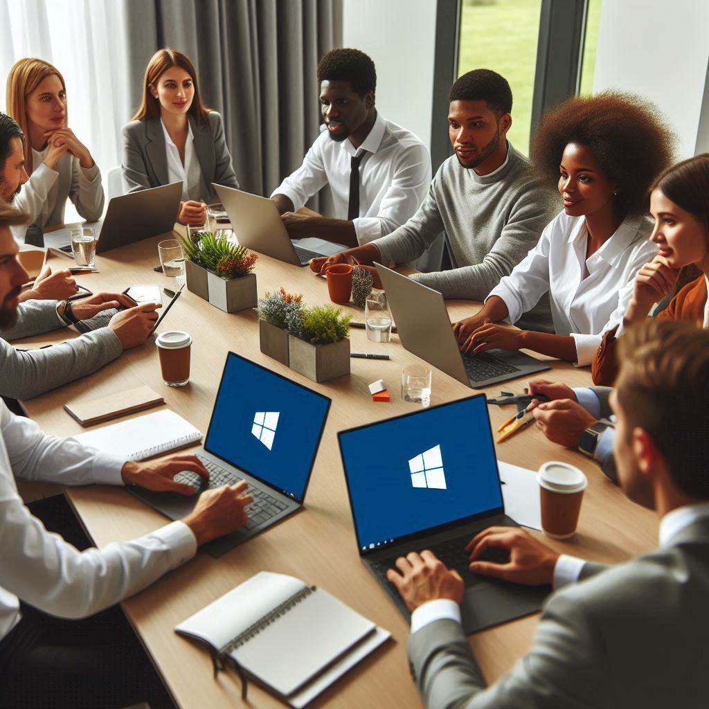 People using laptops around a desk