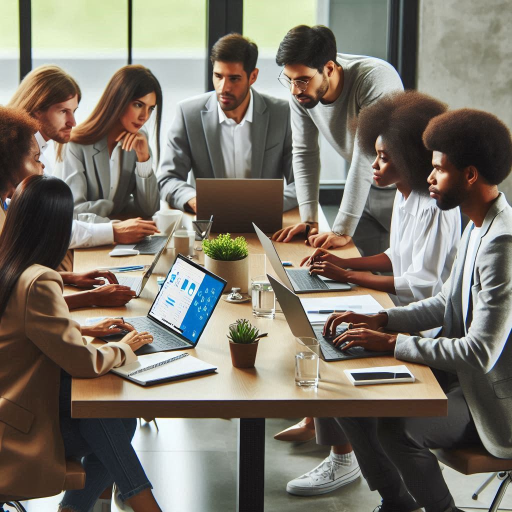 A team working on laptops around a table